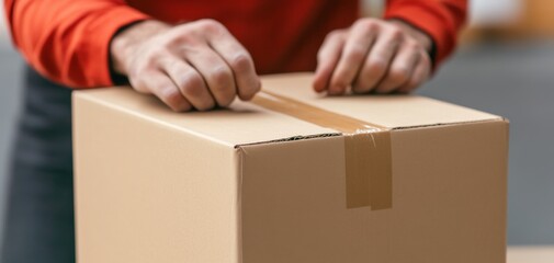 A person sealing a cardboard box for shipment, emphasizing careful packaging and preparation for delivery.