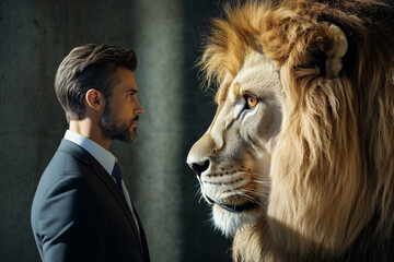 Business man meeting with a lion for deal business, brave and against big deal