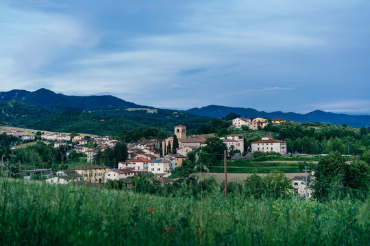 Sentiero degli Dei. Village and wind wind turbine along the Path of the Gods. San Benedetto val di Sambro, Bologna Province, Emilia Romagna, Italy.