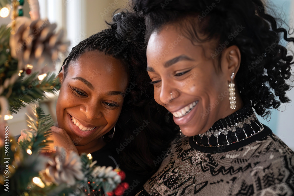 Wall mural Joyful Black women decorating a Christmas tree together, sharing laughs and festive spirit in a cozy home.