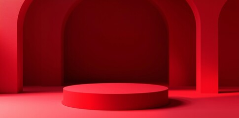 3D render of a red podium with a round platform in the center, designed as an empty space mockup for product presentation. The vibrant red background adds a striking contrast to the minimalistic scene