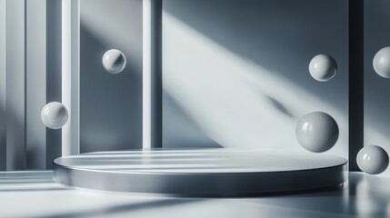 8. A sleek 3D rendered abstract platform podium with smooth curves and metallic surfaces, set against a surreal backdrop with floating orbs and soft shadows, creating a high-end, futuristic