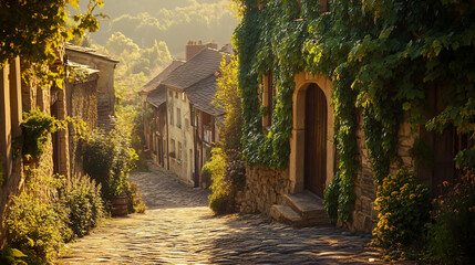 stone pathway through picturesque european village in golden hour light