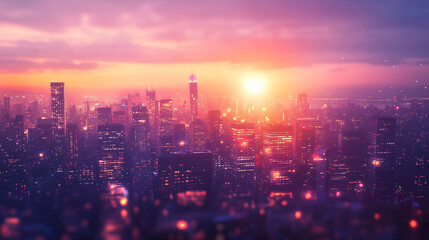 Fototapeta premium pink and purple cityscape sunset skyline - urban city night - background - scenery