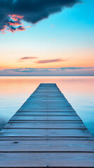 Obraz premium tranquil wooden dock leading to serene sunset sea