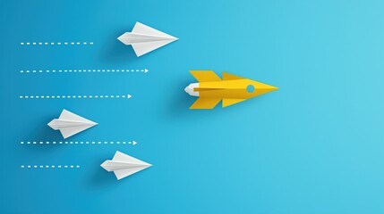 Yellow paper rocket flying with white rockets on a blue background