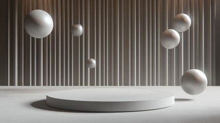 18. Modern abstract scene with a podium centered among levitating spheres, suspended in a surreal, artistic background. The 3D render offers a sophisticated, minimalistic environment, perfect for