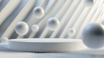 19. Levitating balls hover elegantly above a stylish podium, set within an abstract, geometric background. The 3D illustration presents a futuristic and clean composition, ideal for social media
