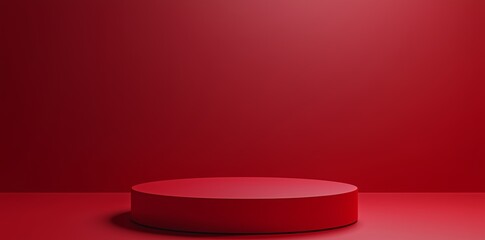 3D render of a red podium with a round platform in the center, designed as an empty space mockup for product presentation. The vibrant red background adds a striking contrast to the minimalistic scene