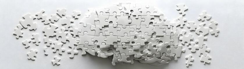 Holographic White Puzzle Pieces Assembling to Form a Complete Brain Concept | Visualizing Mental Integration for Cognitive Health Messaging - Wide Shot
