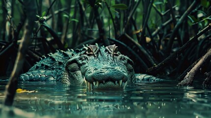 Fototapeta premium Mysterious Green Alligator Lurking in Murky Swamp Lagoon with Reflection