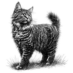 Fototapeta premium Detailed Black and White Sketch of a Standing Striped Cat. Generative AI