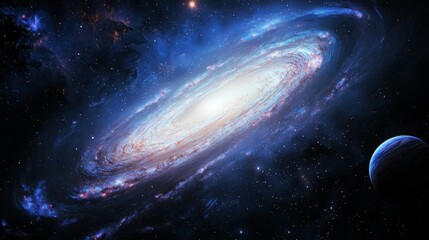 Fototapeta premium Spiral Galaxy with Stars and Planet in Space