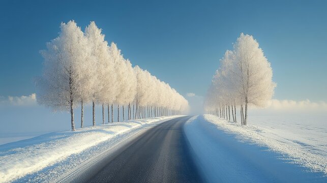 Serene winter landscape with frosted trees and open road Generative AI