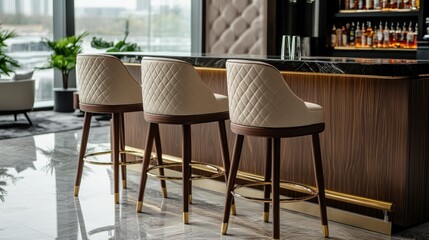 Three modern bar stools with upholstered backs and wooden legs in a luxury bar setting.