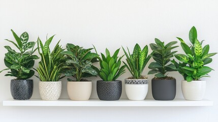 Obraz premium Green Plants in Stylish Pots on White Shelf