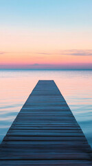 Fototapeta premium serene wooden dock leading to a calm pink and blue sunset sky over water