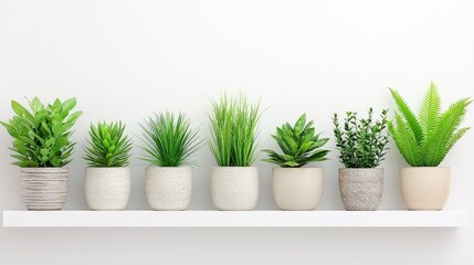 Obraz premium Row of potted plants on white shelf minimalist home decor