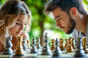 Intense Chess Match: A Young Couple's Competitive Spirit