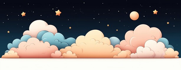 Soft pastel sky with cute cartoon clouds, stars, and a large copy area, ideal for sweet messages