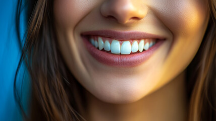 Obraz premium A young woman beams brightly, her cheerful smile captured against a colorful backdrop