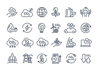Fototapeta premium Co2, carbon line icons. contains such icons as tree planting, net zero, and reduced carbon dioxide. sustainable development. concepts and renewable energy businesses. vector design.