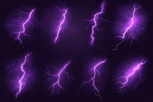 Collection of purple lightning bolts isolated on black background.