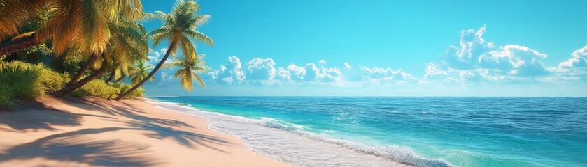 Fototapeta premium Tropical Beach Paradise with Palm Trees and Ocean Waves