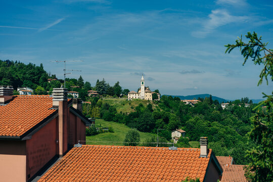 Sentiero degli Dei. Village and wind wind turbine along the Path of the Gods. San Benedetto val di Sambro, Bologna Province, Emilia Romagna, Italy.