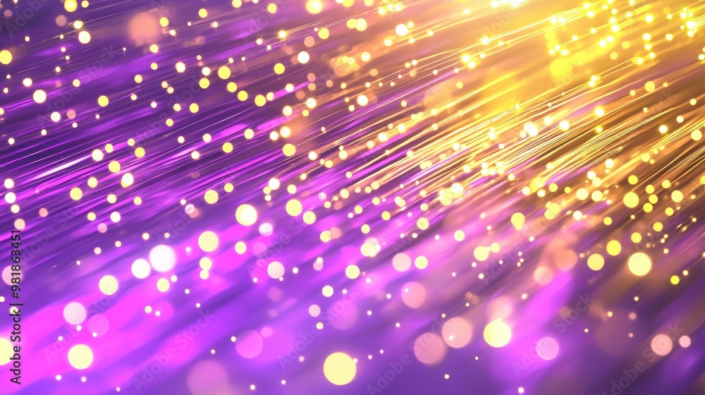 Poster purple and gold abstract background with bokeh lights and lines