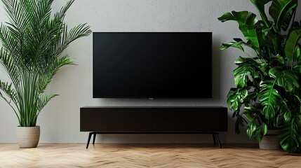 Modern living room with a sleek TV and tall green plants, creating a stylish and inviting atmosphere.