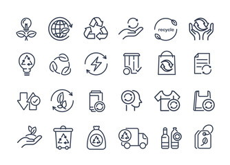 Recycle, ecology and environment line icons set. sustainability, nature, recycle, renewable energy, eco-friendly, forest, wind power, green symbol. vector design.