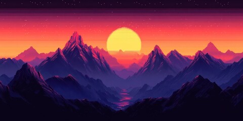 Fototapeta premium Sunset over Pixelated Mountain Range with River