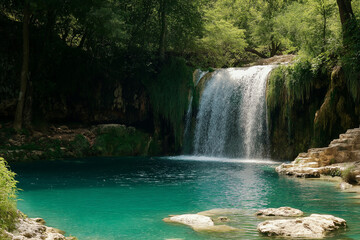 Fototapeta premium Serene Waterfall in Lush Forest, a crystal clear pool