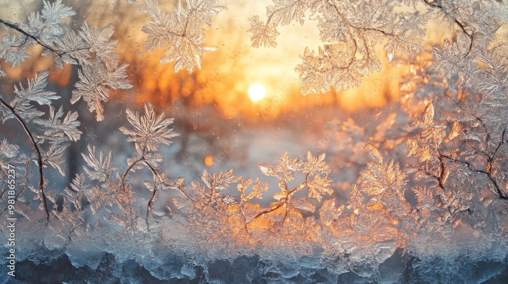 Poster intricate frost patterns on a window with a blurry sunset background