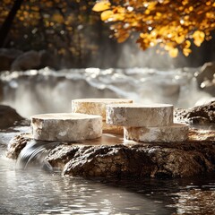 Fototapeta premium Romantic white soap bars on rocks by waterfall with golden autumn leaves