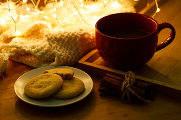 Cup of delicious hot chocolate, Cookies under warm light on wooden table background. Selective focus.