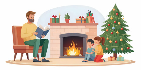 Cozy Flat Vector Illustration of Parent Reading Christmas Story to Children by the Fireplace, Capturing Joyful Expressions in a Warm Festive Atmosphere