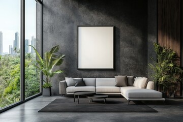 Modern living room with a large window overlooking a city skyline.