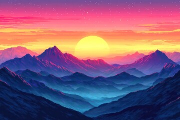 Obraz premium Pixelated Sunset Over a Mountain Range with a Yellow Sun