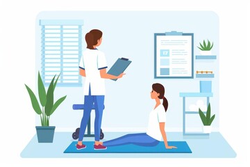 Physical therapist explaining exercises, patient on mat, flat design illustration