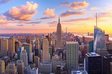 Aerial View of New York City Skyline at Sunset
