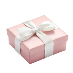Close-up of Pastel Pink Gift Box with Satin Ribbon on White Background