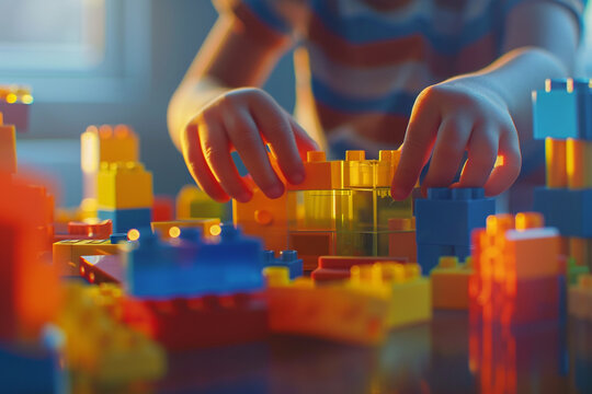 Child&rsquo;s Hands Building Toy Blocks &ndash; Blurred Blocks in the Foreground Add Depth to a World of Play and Creativity, Perfect for Inspiring Imagination and Motor Skills Development