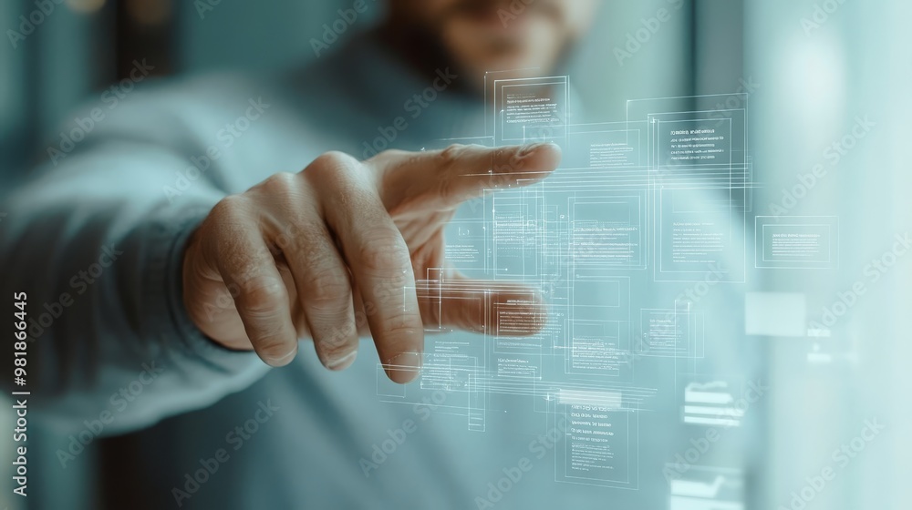 Poster man interacting with digital interface hologram