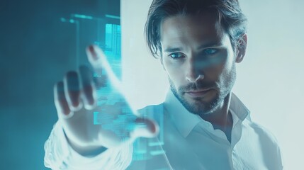 Futuristic Technology Interface Man Interacting with Holographic Display