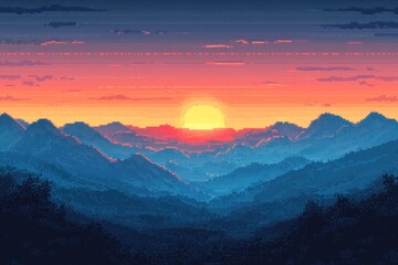 Obraz premium Sunset Over Mountains in Pixel Art Style