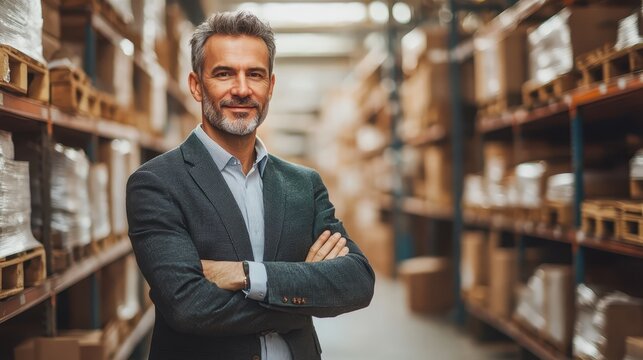 Confident Businessman Standing in Warehouse with Arms Crossed