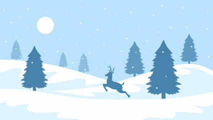 Naklejka premium Landscape illustration of winter hill with pine trees and a deer