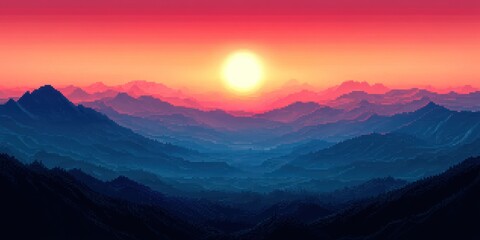Fototapeta premium Pixelated Sunset Over a Mountain Range